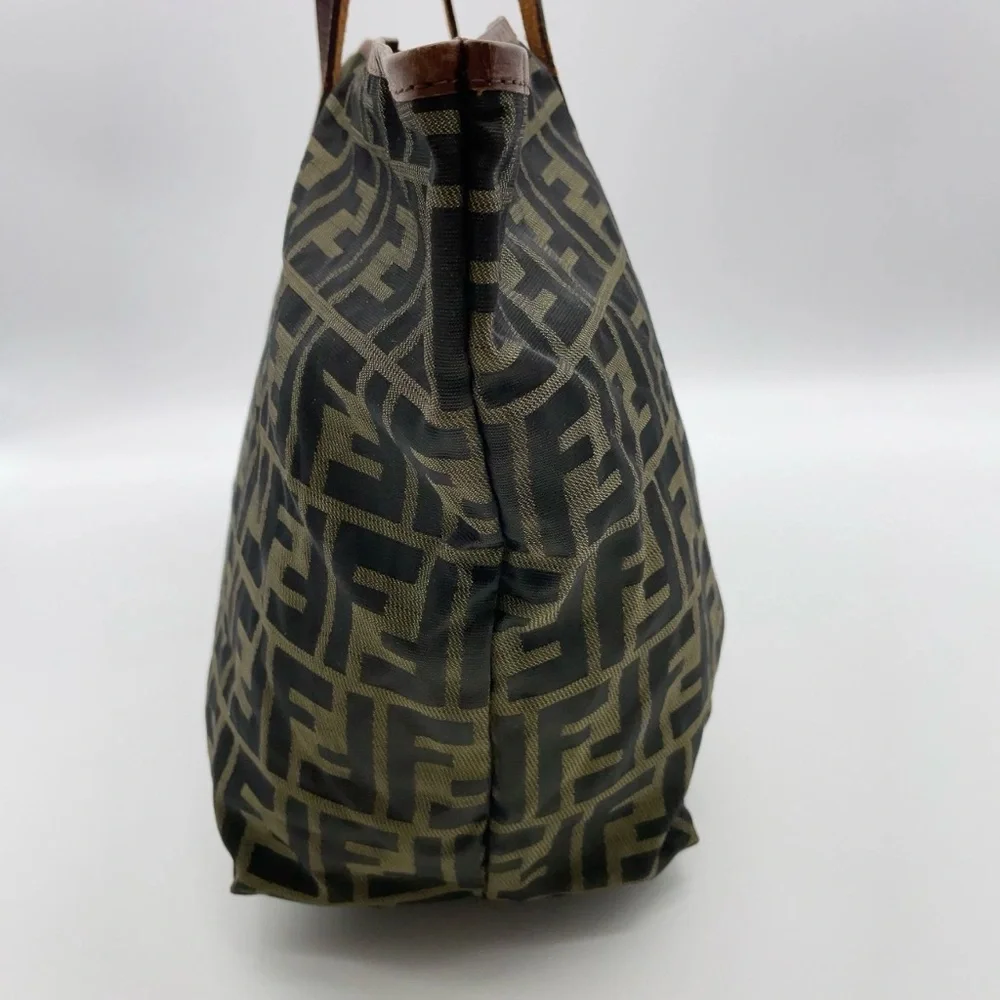 Authentic Fendi Zucca Nylon Leather Khaki Tote Bag W/Pouch